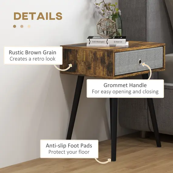 Buy Bedside Table Set of 2, Industrial Nightstand, Tall End Table with Removable Fabric Drawer, Retro Chic Side Table Accent Furniture with Wooden Legs, Rustic Brown, 5 image