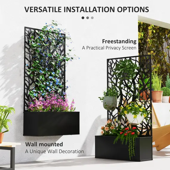 Buy Outdoor Metal Planter, with Back Trellis - Black, 5 image