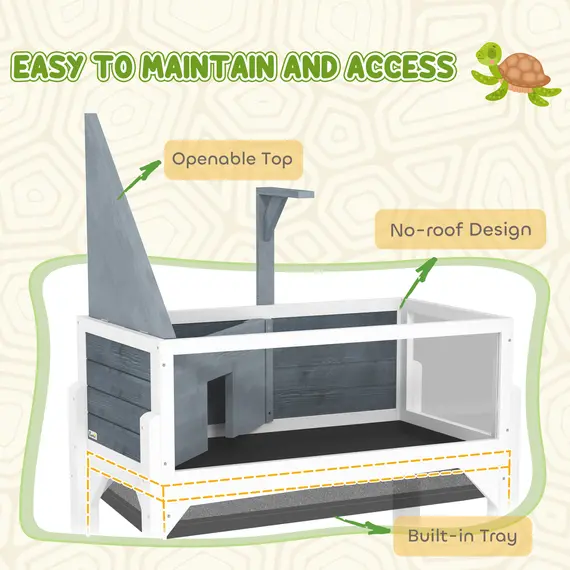 Buy Wooden Tortoise House with Storage Shelf, Clear Observation Windows, Lamp Holder, Openable Top, Built-in Tray, Grey, 8 image