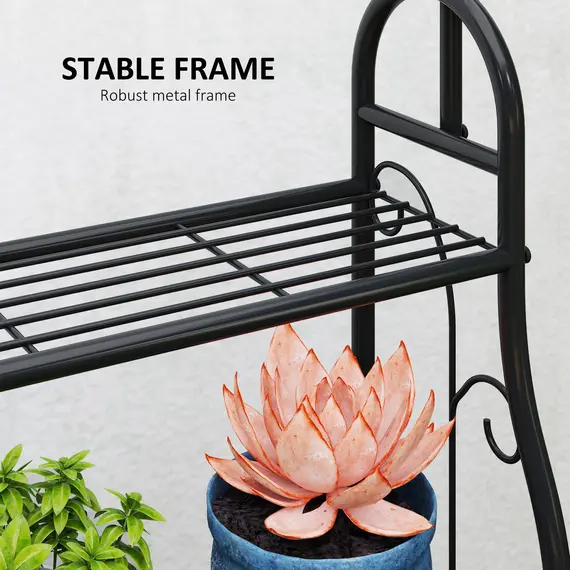 Buy 3 Tier Plant Stand with Hanging Rod and Hooks, Metal Plant Rack Shelf, Ladder Flower Pot for Indoor Outdoor Porch Balcony Living Room Bedroom, Black, 6 image