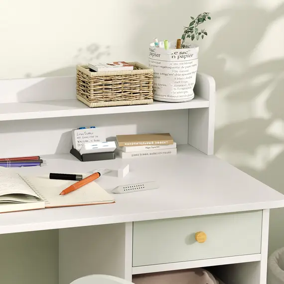 Buy Two-Piece Children Study Table with Hutch, Kids Desk and Chair Set with Storage, Drawer, Shelves, Green, 8 image