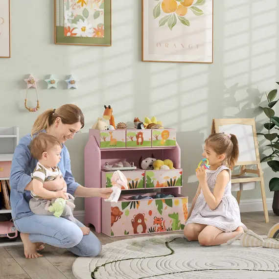 Buy 3-Tier Kids Toy Storage Unit with 6 Removable Storage Boxes, for Playroom, Bedroom, Children's Room, Nursery, Pink, 2 image