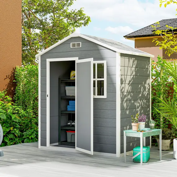 Buy Outsunny 6 x 4ft Plastic Shed with Floor, Wood Effect Resin Garden Shed with Window, Lockable Door, Lock and Keys, Vents, All Weather Resistant for Outdoor, Patio, Lawn, Grey, 3 image