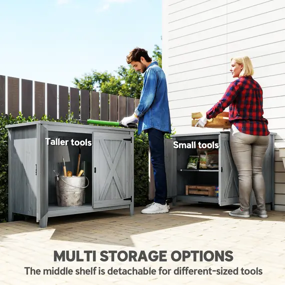Buy Outsunny Wooden Garden Shed, Outdoor Fir Wood Storage Shed with Shelf and Double Doors, Light Grey, 4 image