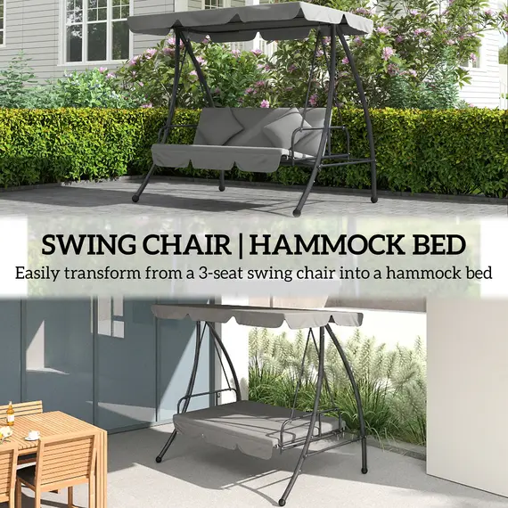 Buy Outsunny Outdoor 2-in-1 Swing Chair Lounger 3 Seater Garden Swing Seat Bed Convertible Tilt Canopy W/ Cushion, Light Grey, 6 image
