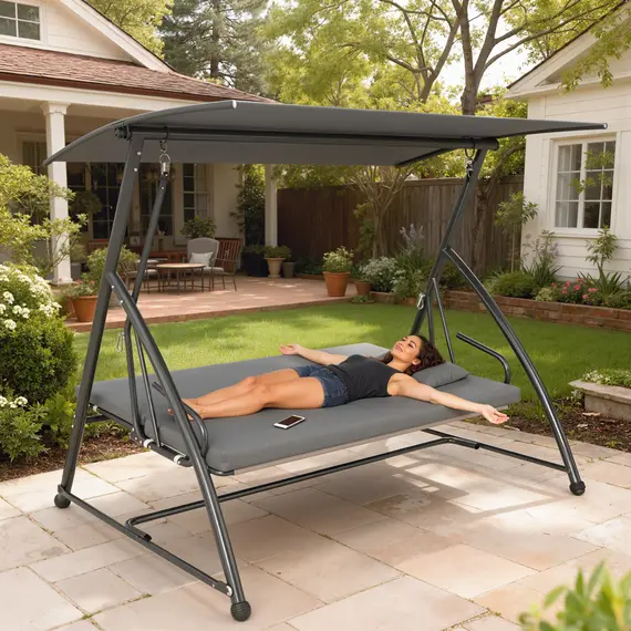 Buy Outsunny Outdoor 2-in-1 Swing Chair Lounger 3 Seater Garden Swing Seat Bed Convertible Tilt Canopy W/ Cushion, Dark Grey, 9 image