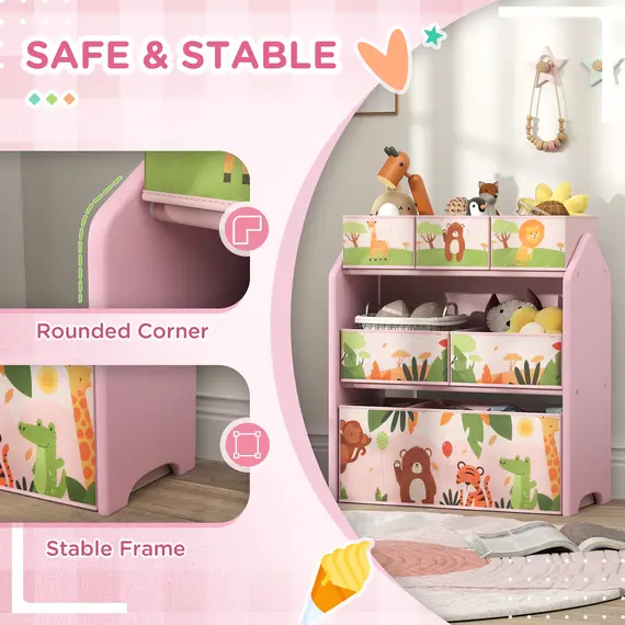 Buy 3-Tier Kids Toy Storage Unit with 6 Removable Storage Boxes, for Playroom, Bedroom, Children's Room, Nursery, Pink, 6 image