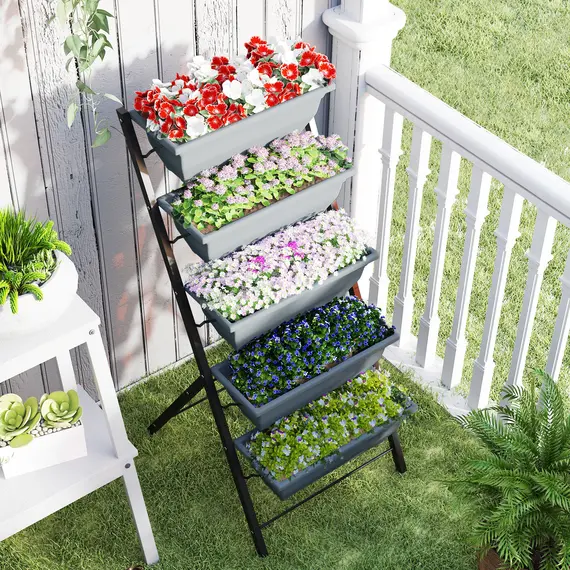 Buy Outsunny 5-Tier Raised Garden Bed, Vertical Ladder Plant Stand with 5 Removable Boxes, Drainage Holes and Plugs, Indoor Outdoor Elevated Flower Herb Growing Box for Garden Patio Balcony, Grey, 7 image
