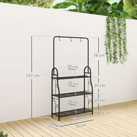 Buy 3 Tier Plant Stand with Hanging Rod and Hooks, Metal Plant Rack Shelf, Ladder Flower Pot for Indoor Outdoor Porch Balcony Living Room Bedroom, Black, 3 image