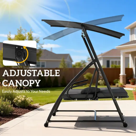Buy Outsunny Outdoor 2-in-1 Swing Chair Lounger 3 Seater Garden Swing Seat Bed Convertible Tilt Canopy W/ Cushion, Dark Grey, 5 image