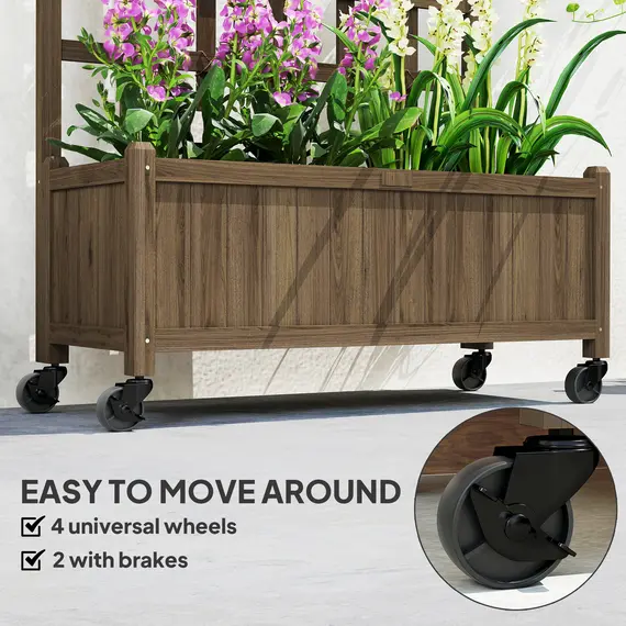 Buy Outsunny Wooden Trellis Planter, Raised Garden Bed with Wheels, to Climb and Grow Vegetables, Herbs and Flowers, Brown, 6 image