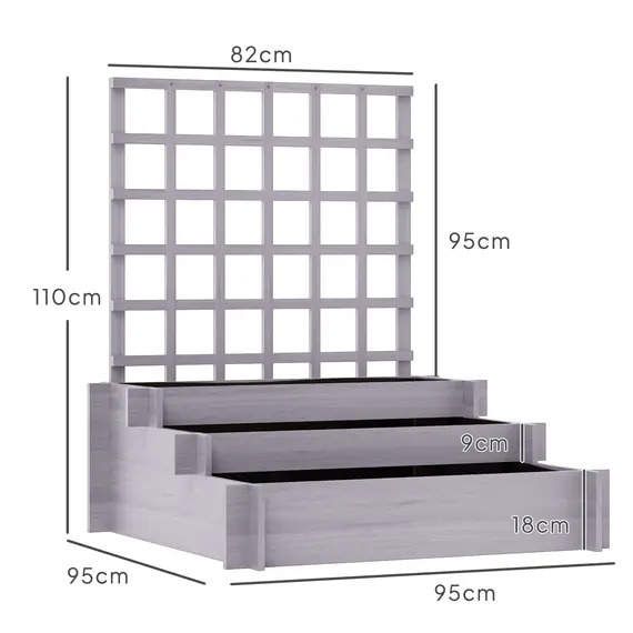 Buy 3 Tier Garden Planters with Trellis for Vine Climbing, Wooden Raised Beds, 95x95x110cm, Grey, 3 image