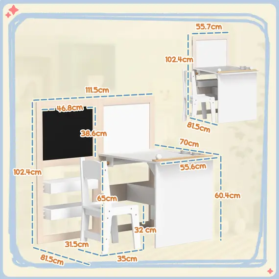 Buy 3 in 1 Kids Table and Chair Set with Storage, Whiteboard, Blackboard & Roll Paper for 3-8 Years, White, 3 image