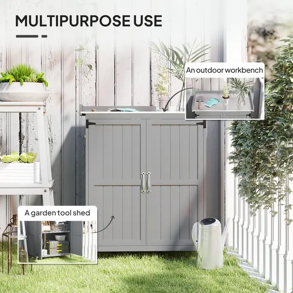Buy Outsunny Wooden Garden Shed, Garden Tool Storage Shed with Hinged Roof and Shelf, Outdoor Storage Cabinet with Double Doors, Grey, 4 image