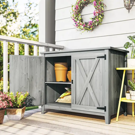 Buy Outsunny Wooden Garden Shed, Outdoor Fir Wood Storage Shed with Shelf and Double Doors, Light Grey, 8 image