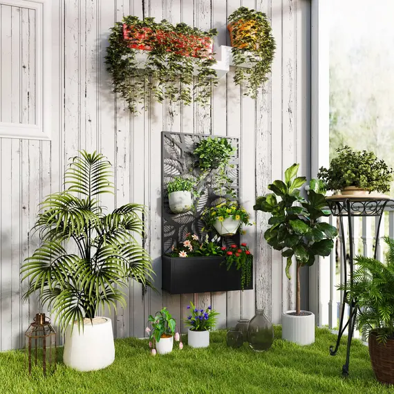 Buy Outdoor Metal Planter, with Back Trellis - Black, 2 image
