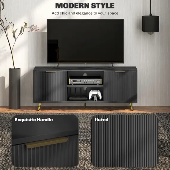 Buy Modern TV Stand Cabinet for TVs up to 55", TV Unit with 2 Open Shelves and 2 Cabinets, Entertainment Centre with Cable Management for Living Room, Black, 4 image