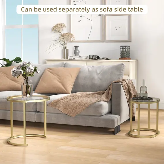 Buy Modern Coffee Table Set of 2, Nest of Tables with Steel Frame and Tempered Glass Tabletop, Side Tables for Living Room Bedroom, Clear, 7 image