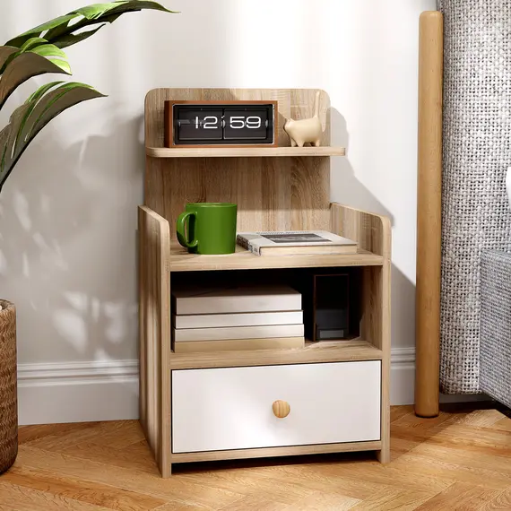 Buy Multi-Storage Bedside Table - White/Wood-Effect, 6 image