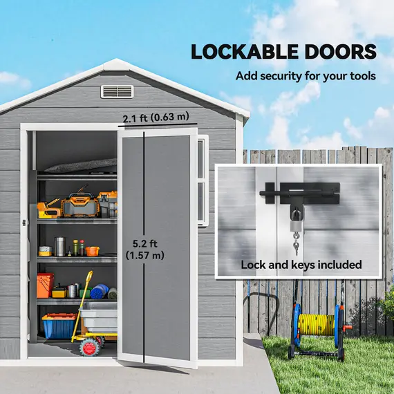Buy Outsunny 6 x 4ft Plastic Shed with Floor, Wood Effect Resin Garden Shed with Window, Lockable Door, Lock and Keys, Vents, All Weather Resistant for Outdoor, Patio, Lawn, Grey, 9 image