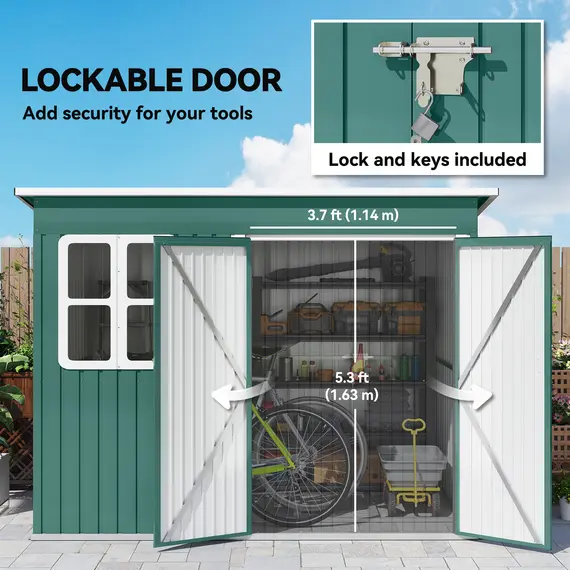 Buy Outsunny 8.5 x 6ft Storage Shed Galvanised Steel Garden Shed, Metal Shed with Foundation Kit, Window, Lockable Wide Doors and Air Vents for Outdoor Patio, Green, 7 image