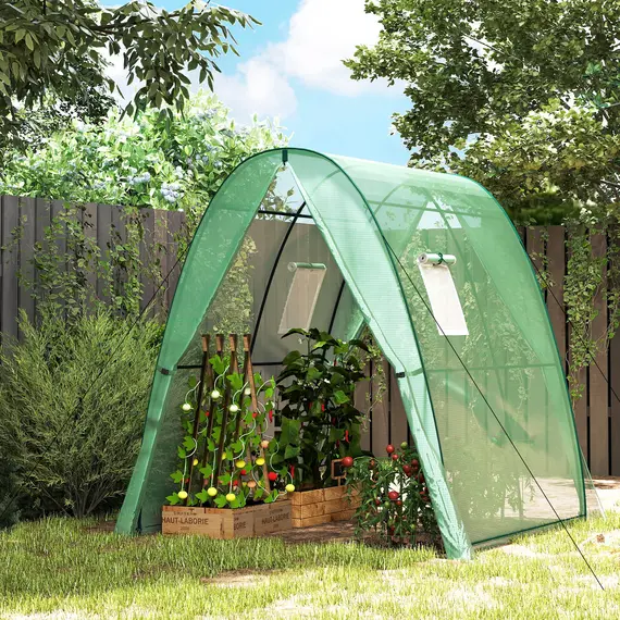 Buy Outsunny Polytunnel Greenhouse with Sandbags, Walk-In Tunnel Green House with 2 Doors and Screen Windows, 1.8 x 1.8 x 2m, Green, 2 image