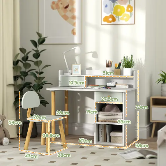 Buy Two-Piece Children Study Table with Hutch, Kids Desk and Chair Set with Storage, Drawer, Shelves, Green, 3 image