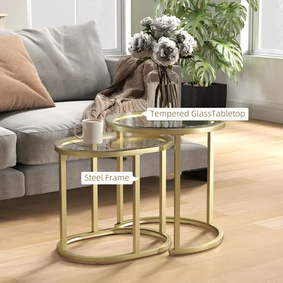 Buy Modern Coffee Table Set of 2, Nest of Tables with Steel Frame and Tempered Glass Tabletop, Side Tables for Living Room Bedroom, Clear, 5 image
