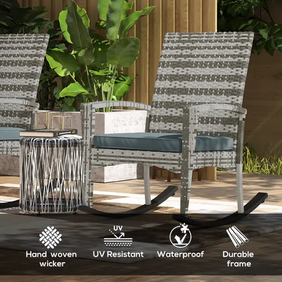Buy Outsunny Outdoor PE Rattan Rocking Chair Set of 2, Garden Rocking Chair Set with Armrest and Cushion, Light Grey, 4 image
