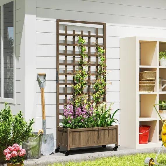 Buy Outsunny Wooden Trellis Planter, Raised Garden Bed with Wheels, to Climb and Grow Vegetables, Herbs and Flowers, Brown, 2 image