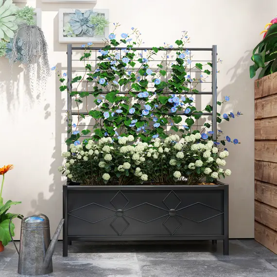 Buy Raised Bed for Garden with Trellis, Galvanised Planter Box with Diamond Pattern, Drainage Holes for Vegetables, Herbs and Flowers, 90 x 40 x 120 cm, Black, 7 image
