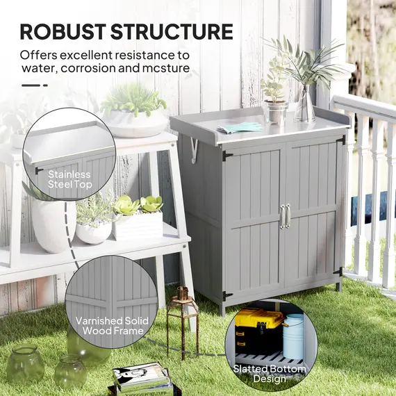 Buy Outsunny Wooden Garden Shed, Garden Tool Storage Shed with Hinged Roof and Shelf, Outdoor Storage Cabinet with Double Doors, Grey, 7 image
