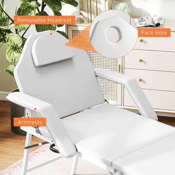 Buy Portable Massage Table, 3 Section Adjustable Beauty Bed, Foldable Massage Bed with Face Hole, Recliner Chair with Removable Headrest and Armrests for Spa, Lash, Tattoo, White, 7 image
