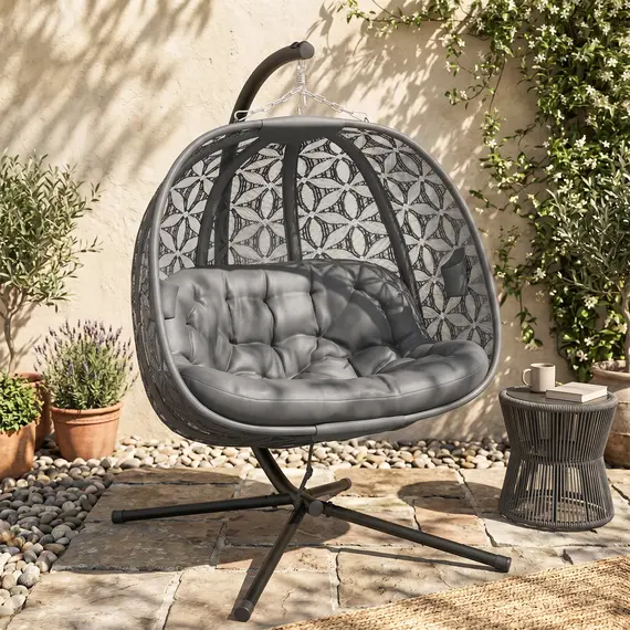 Buy Outdoor Double Hanging Chair with Cushion and Cup Holders, Charcoal Grey, 2 image