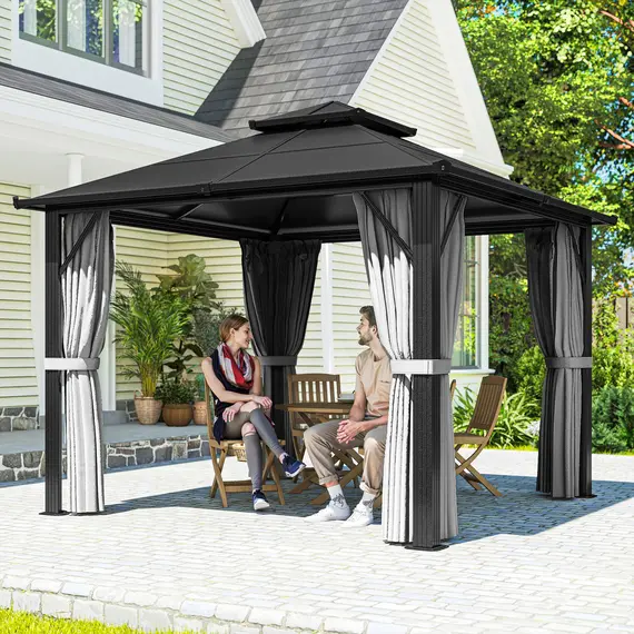Buy Outsunny 3 x 3(m) Hardtop Gazebo Canopy with UPF30+ Double Polycarbonate Roof, Aluminium Frame Garden Gazebo Permanent Pavilion with Mosquito Netting and Curtains for Patio, Deck, Grey, 2 image