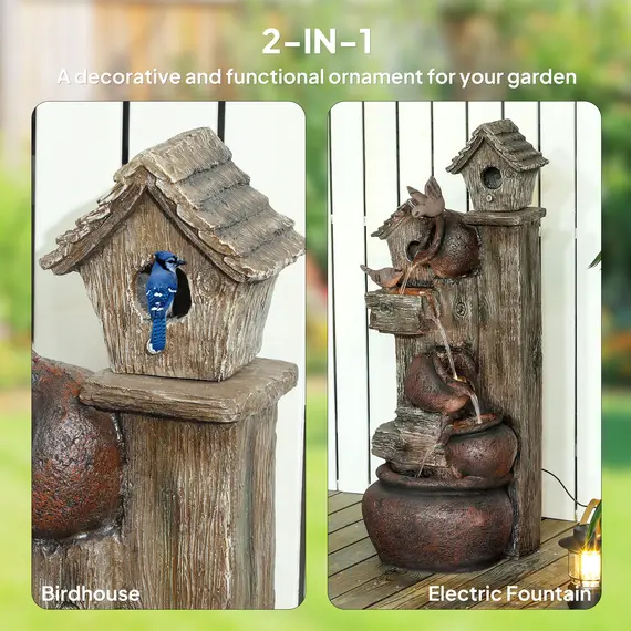 Buy 2-in-1 Waterfall Fountain with Birdhouse, Resin Garden Water Fountain with LED Lights Pump, Cascading Garden Water Feature with Tree Trunk Design, Multi-colour, 4 image