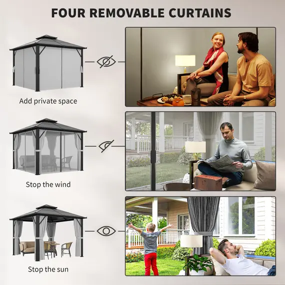Buy Outsunny 3 x 3(m) Hardtop Gazebo Canopy with UPF30+ Double Polycarbonate Roof, Aluminium Frame Garden Gazebo Permanent Pavilion with Mosquito Netting and Curtains for Patio, Deck, Grey, 6 image