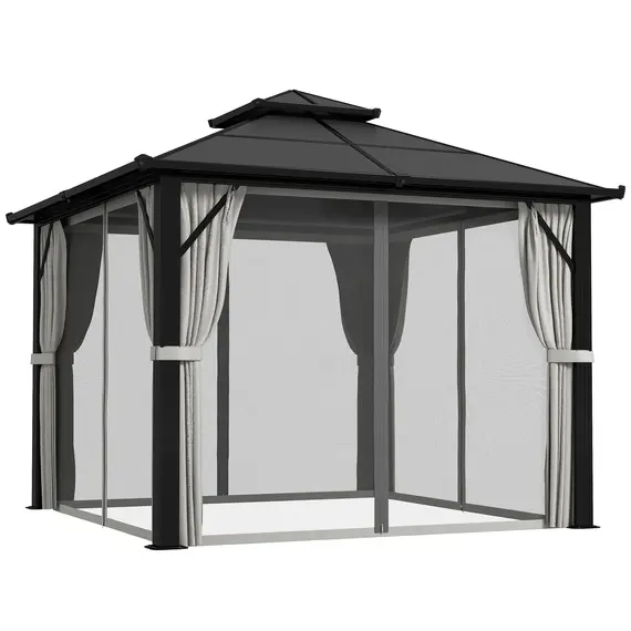 Buy Outsunny 3 x 3(m) Hardtop Gazebo Canopy with UPF30+ Double Polycarbonate Roof, Aluminium Frame Garden Gazebo Permanent Pavilion with Mosquito Netting and Curtains for Patio, Deck, Grey
