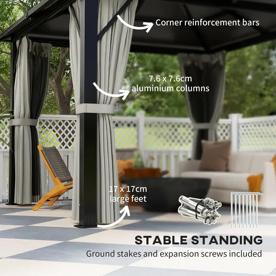 Buy Outsunny 3 x 3(m) Hardtop Gazebo Canopy with UPF30+ Double Polycarbonate Roof, Aluminium Frame Garden Gazebo Permanent Pavilion with Mosquito Netting and Curtains for Patio, Deck, Grey, 5 image