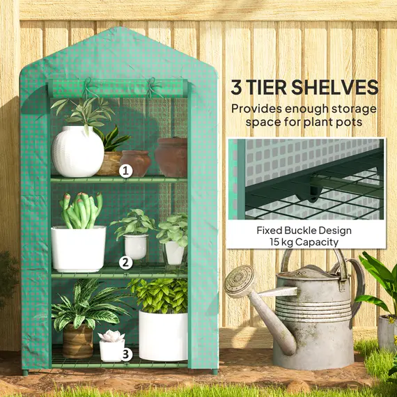 Buy Outsunny 3 Tier Mini Greenhouse Portable Garden Grow House with Roll Up Door and Wire Shelves, 69 x 49 x 125 cm, Green, 6 image