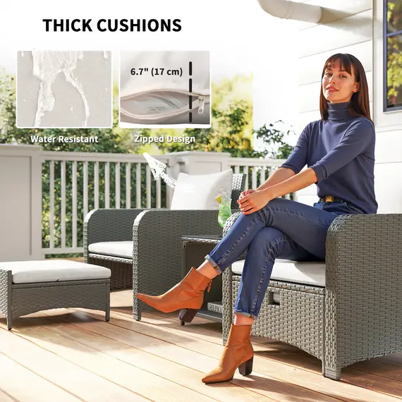 Buy Five Piece Rattan Garden Furniture Set with 2-Tier Coffee Table and Ottomans  - Cream White, 7 image