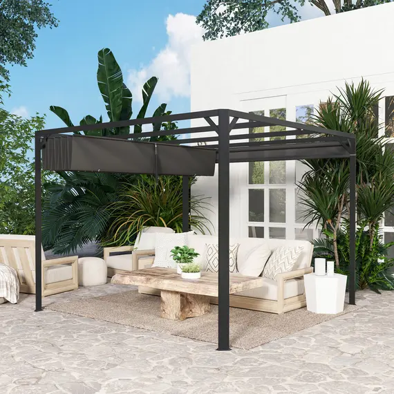 Buy Outsunny 3 x 3m Aluminium Pergola, with Retractable Roof and Wall - Dark Grey, 9 image