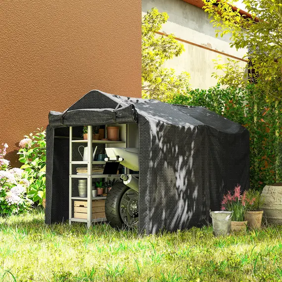 Buy 2.2 x 1.6 m Garden Storage Tent, Waterproof Anti-UV Bike Tent with Roll-up Zipper Door, Galvanised Outdoor Storage Shelter Carport for Bike, Motorbike, Garden Tools, Black, 7 image