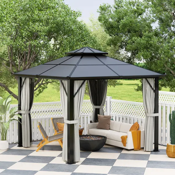 Buy Outsunny 3 x 3(m) Hardtop Gazebo Canopy with UPF30+ Double Polycarbonate Roof, Aluminium Frame Garden Gazebo Permanent Pavilion with Mosquito Netting and Curtains for Patio, Deck, Grey, 8 image