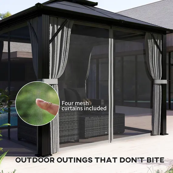 Buy Outsunny 3 x 3(m) Hardtop Gazebo Canopy with UPF30+ Double Polycarbonate Roof, Aluminium Frame Garden Gazebo Permanent Pavilion with Mosquito Netting and Curtains for Patio, Deck, Grey, 7 image