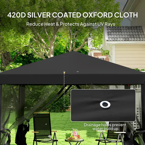 Buy Outsunny 3 x 3 m Pop Up Gazebo, 420D Garden Tent Canopy with Removable Mesh Sidewall Netting, Carry Bag for Garden Patio Outdoor, Black, 5 image