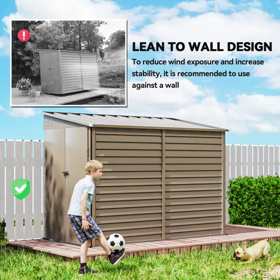Buy Outsunny 5 x 9ft Galvanised Metal Garden Shed with Foundation Kit, Outdoor Lean-to Shed, Tool Storage House with Lockable Doors, Gloves and 2 Air Vents for Patio, Garden, Brown, 6 image