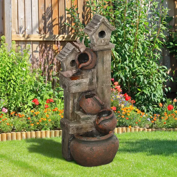 Buy 2-in-1 Waterfall Fountain with Birdhouse, Resin Garden Water Fountain with LED Lights Pump, Cascading Garden Water Feature with Tree Trunk Design, Multi-colour, 8 image