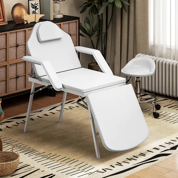 Buy Portable Massage Table, 3 Section Adjustable Beauty Bed, Foldable Massage Bed with Face Hole, Recliner Chair with Removable Headrest and Armrests for Spa, Lash, Tattoo, White, 2 image