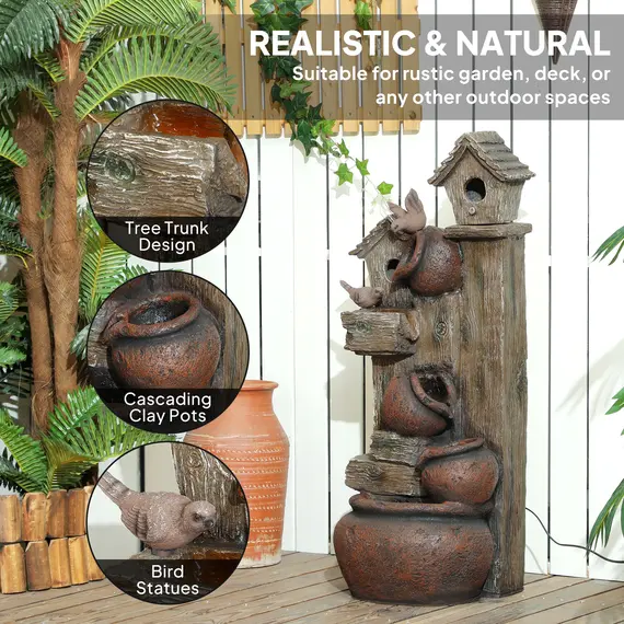 Buy 2-in-1 Waterfall Fountain with Birdhouse, Resin Garden Water Fountain with LED Lights Pump, Cascading Garden Water Feature with Tree Trunk Design, Multi-colour, 7 image
